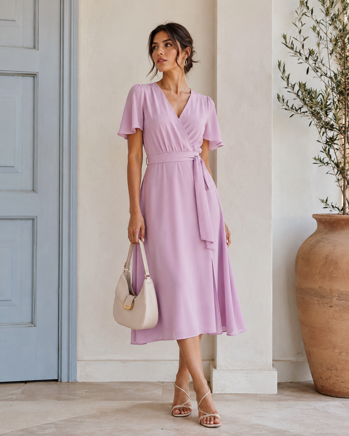 Lavendelfarbenes Damenkleid mit neutralen Accessoires